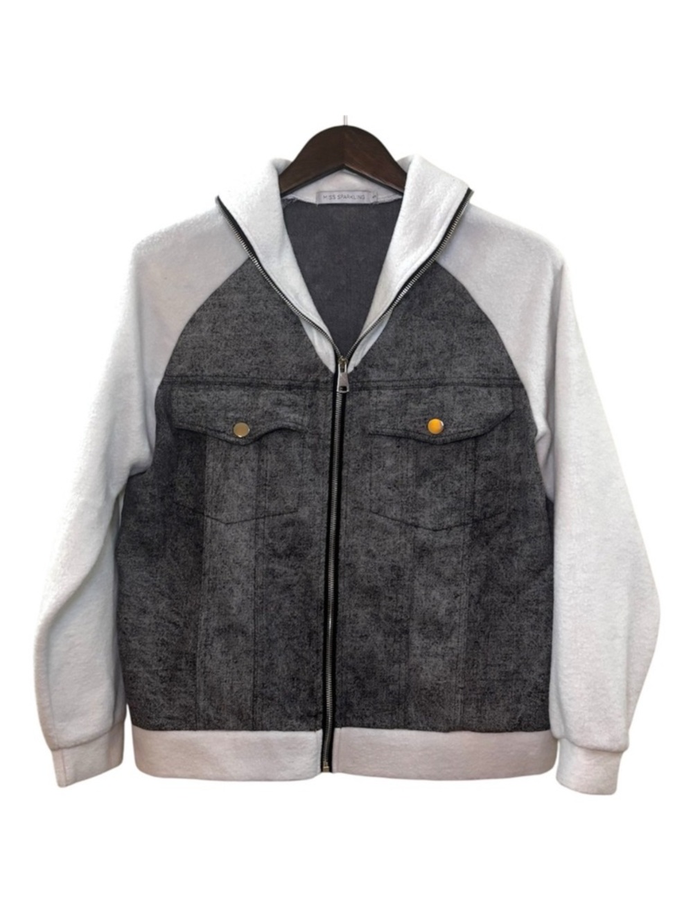 Miss Sparkling White Fleece Gray Denim Zip Up Jacket Size Small